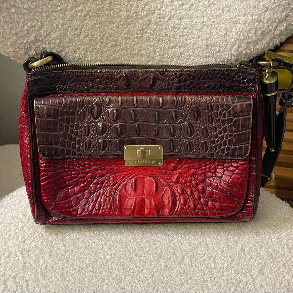 Brahmin Red and Brown Embossed Croc Crossbody Bag